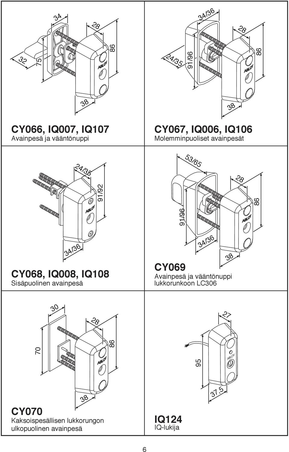 Sisäpuolinen avainpesä CY069 Avainpesä ja vääntönuppi lukkorunkoon LC306 30 70 91/96