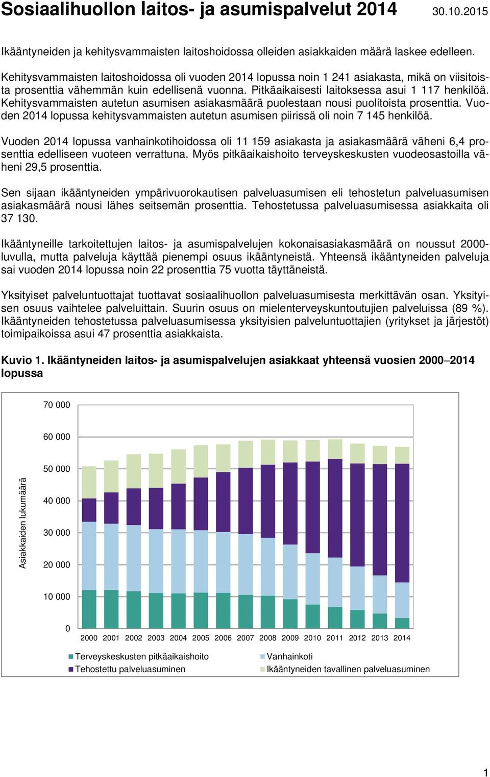 Kehitysvammaisten autetun asumisen asiakasmäärä puolestaan nousi puolitoista prosenttia. Vuoden 2014 lopussa kehitysvammaisten autetun asumisen piirissä oli noin 7 145 henkilöä.