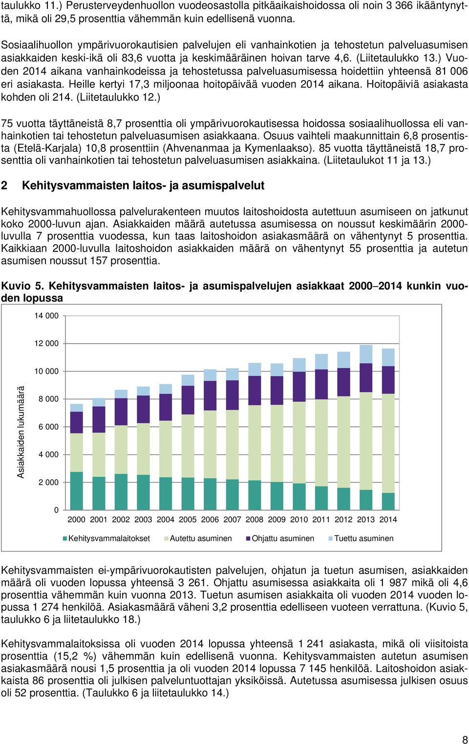 ) Vuoden 2014 aikana vanhainkodeissa ja tehostetussa palveluasumisessa hoidettiin yhteensä 81 006 eri asiakasta. Heille kertyi 17,3 miljoonaa hoitopäivää vuoden 2014 aikana.