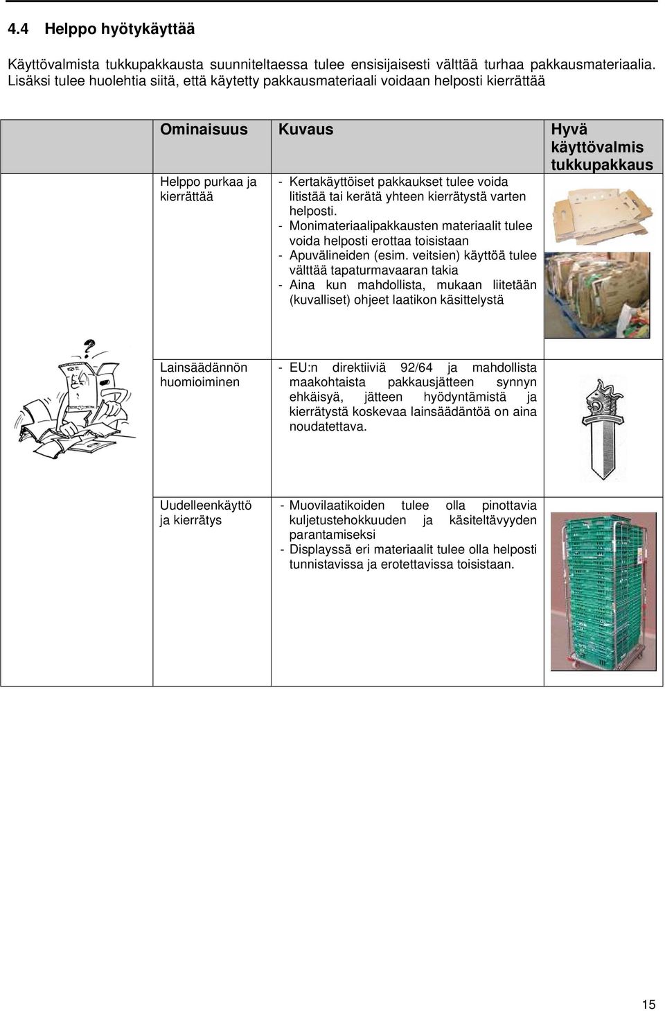tulee voida litistää tai kerätä yhteen kierrätystä varten helposti. - Monimateriaalipakkausten materiaalit tulee voida helposti erottaa toisistaan - Apuvälineiden (esim.