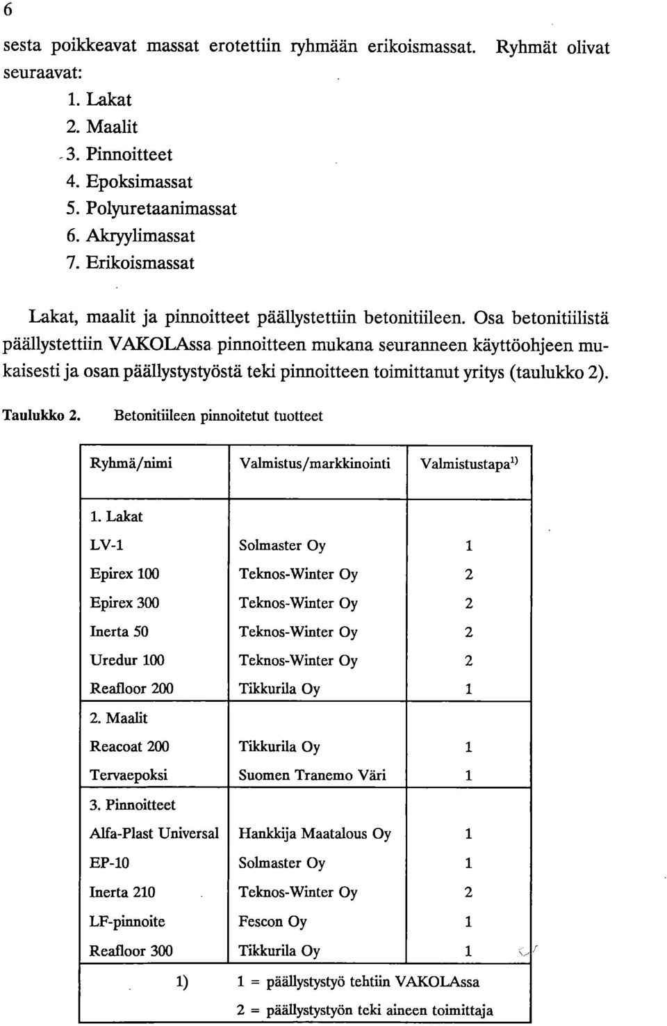 Osa betonitiilistä päällystettiin VAKOLAssa pinnoitteen mukana seuranneen käyttöohjeen mukaisesti ja osan päällystystyöstä teki pinnoitteen toimittanut yritys (taulukko 2). Taulukko 2.