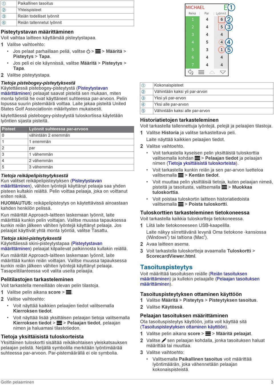 Tietoja pistebogey-pisteytyksestä Käytettäessä pistebogey-pisteytystä (Pisteytystavan määrittäminen) pelaajat saavat pisteitä sen mukaan, miten monta lyöntiä he ovat käyttäneet suhteessa par-arvoon.