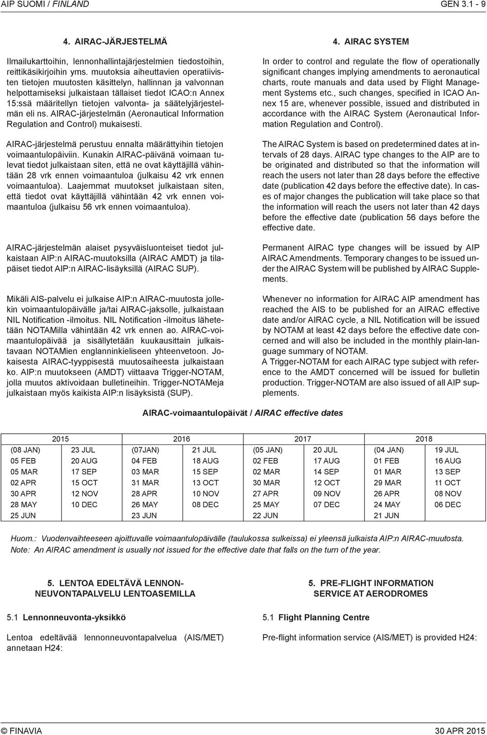 säätelyjärjestelmän eli ns. AIAC-järjestelmän (Aeronautical Information egulation and Control) mukaisesti. AIAC-järjestelmä perustuu ennalta määrättyihin tietojen voimaantulopäiviin.