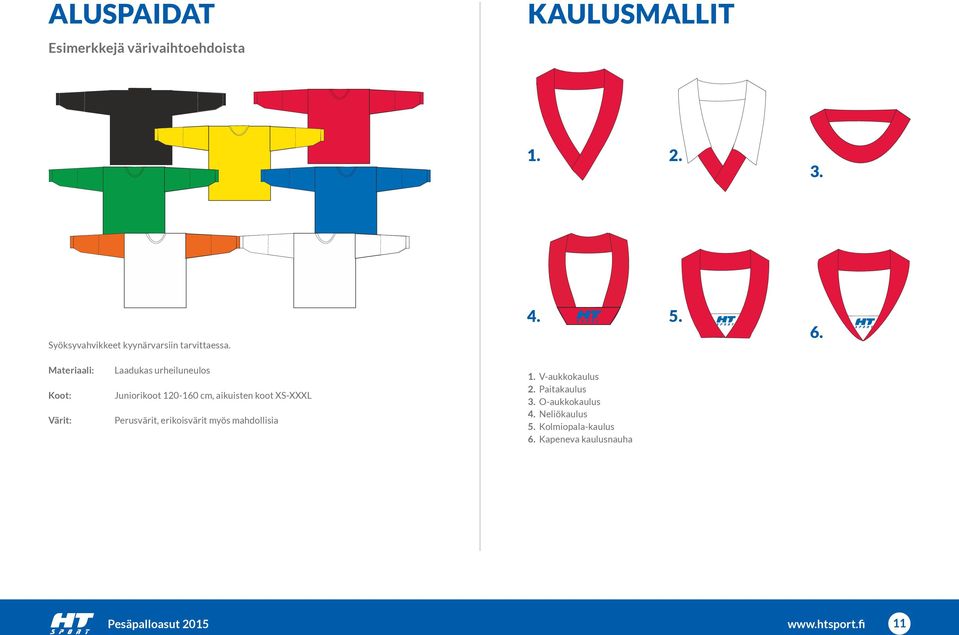 Perusvärit, erikoisvärit myös mahdollisia 1. V-aukkokaulus 2. Paitakaulus 3.