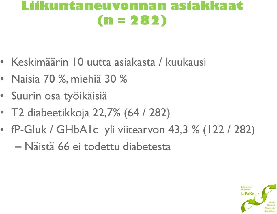 työikäisiä T2 diabeetikkoja 22,7% (64 / 282) fp-gluk /