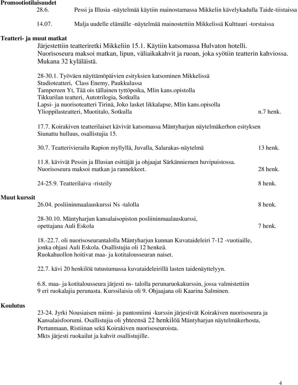 Nuorisoseura maksoi matkan, lipun, väliaikakahvit ja ruoan, joka syötiin teatterin kahviossa. Mukana 32 kyläläistä. 28-30.1.