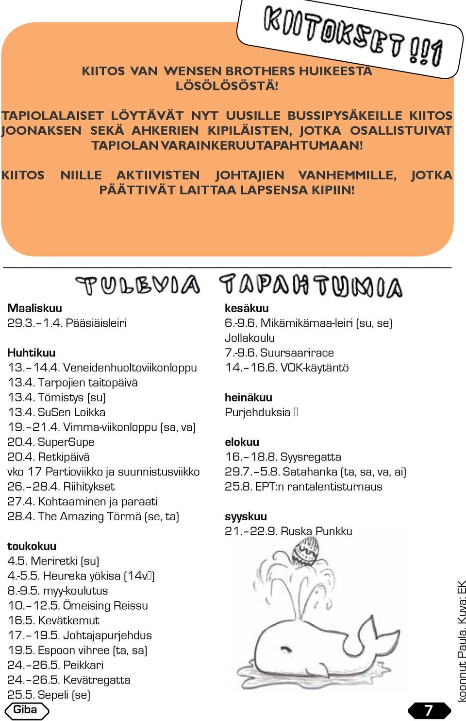 4. Tömistys (su) 13.4. SuSen Loikka 19. 21.4. Vimma-viikonloppu (sa, va) 20.4. SuperSupe 20.4. Retkipäivä vko 17 Partioviikko ja suunnistusviikko 26. 28.4. Riihitykset 27.4. Kohtaaminen ja paraati 28.