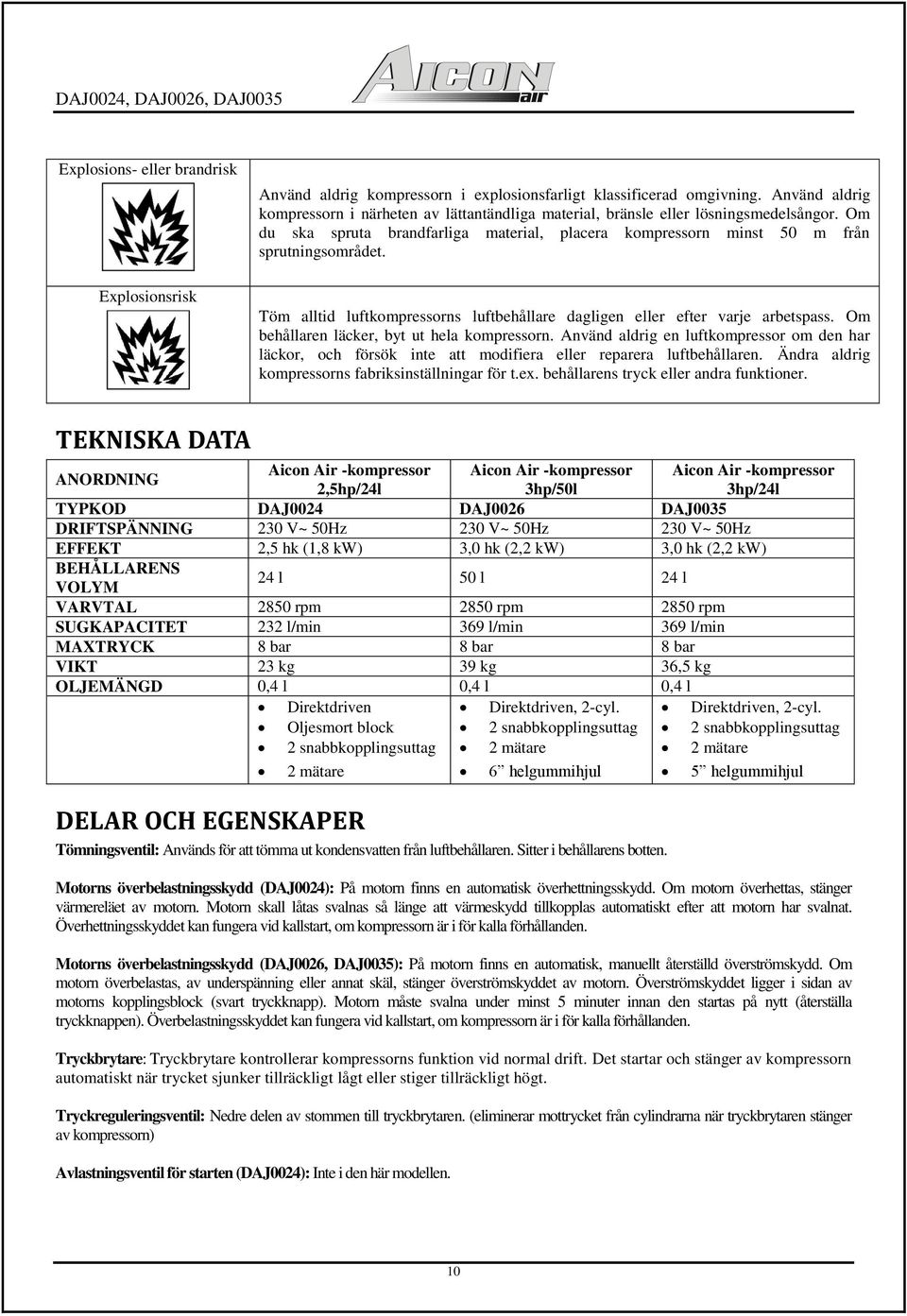 Töm alltid luftkompressorns luftbehållare dagligen eller efter varje arbetspass. Om behållaren läcker, byt ut hela kompressorn.