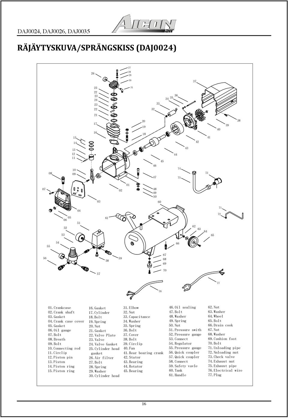 Piston 14.Piston ring 15.Piston ring 16.Gasket 17.Cylinder 18.Bolt 19.Spring 20.Nut 21.Gasket 22.Valve Plate 23.Valve 24.Valve Gasket 25.Cylinder head gasket 26.Air filter 27.Bolt 28.Spring 29.