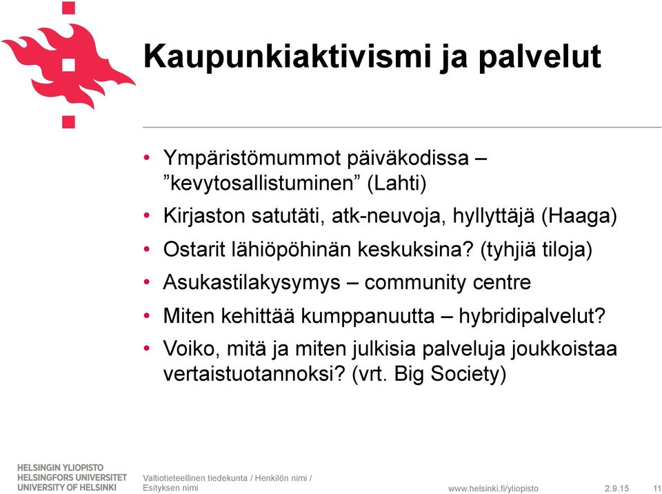 (tyhjiä tiloja) Asukastilakysymys community centre Miten kehittää kumppanuutta hybridipalvelut?