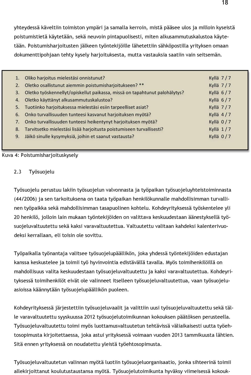 Oliko harjoitus mielestäsi onnistunut? Kyllä 7 / 7 2. Oletko osallistunut aiemmin poistumisharjoitukseen? ** Kyllä 7 / 7 3. Oletko työskennellyt/opiskellut paikassa, missä on tapahtunut palohälytys?