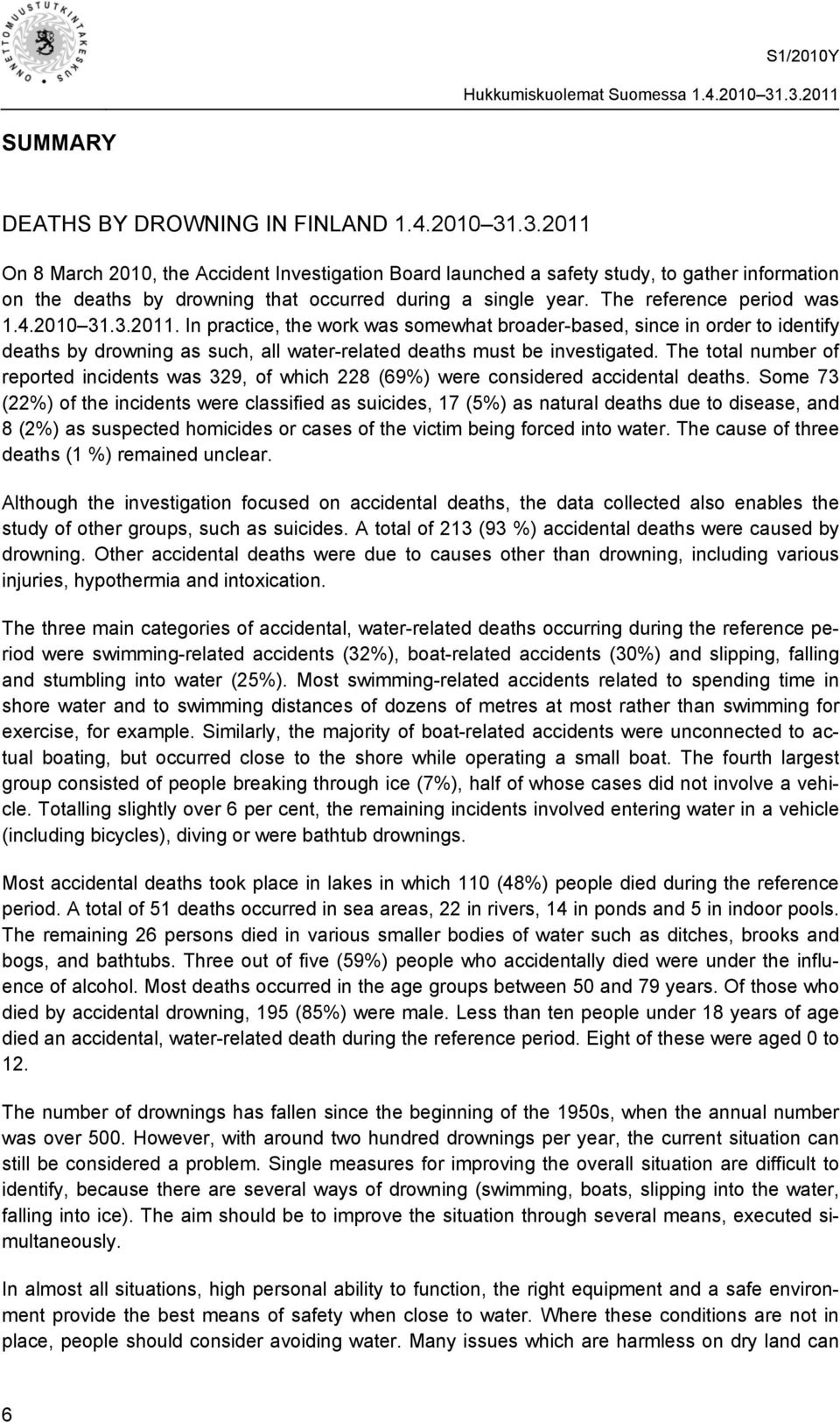 2010 31.3.2011. In practice, the work was somewhat broader-based, since in order to identify deaths by drowning as such, all water-related deaths must be investigated.