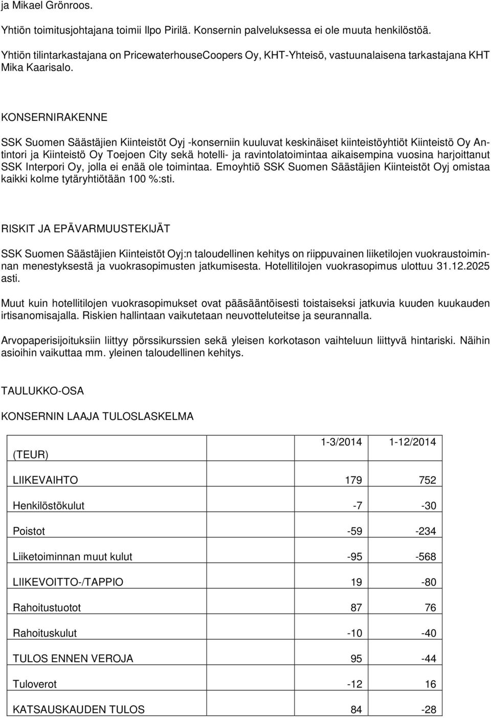 KONSERNIRAKENNE SSK Suomen Säästäjien Kiinteistöt Oyj -konserniin kuuluvat keskinäiset kiinteistöyhtiöt Kiinteistö Oy Antintori ja Kiinteistö Oy Toejoen City sekä hotelli- ja ravintolatoimintaa