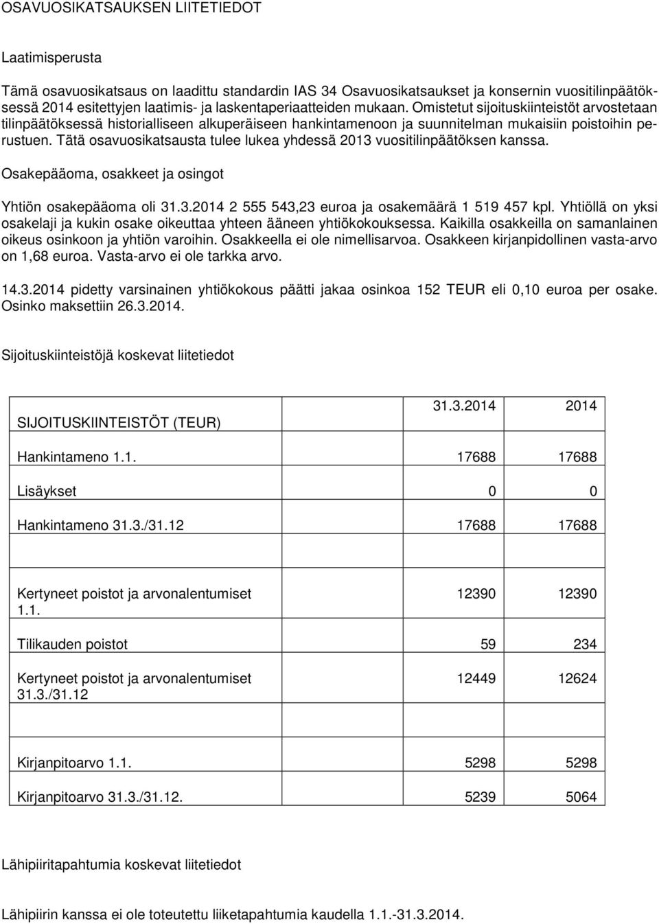 Tätä osavuosikatsausta tulee lukea yhdessä 2013 vuositilinpäätöksen kanssa. Osakepääoma, osakkeet ja osingot Yhtiön osakepääoma oli 31.3.2014 2 555 543,23 euroa ja osakemäärä 1 519 457 kpl.