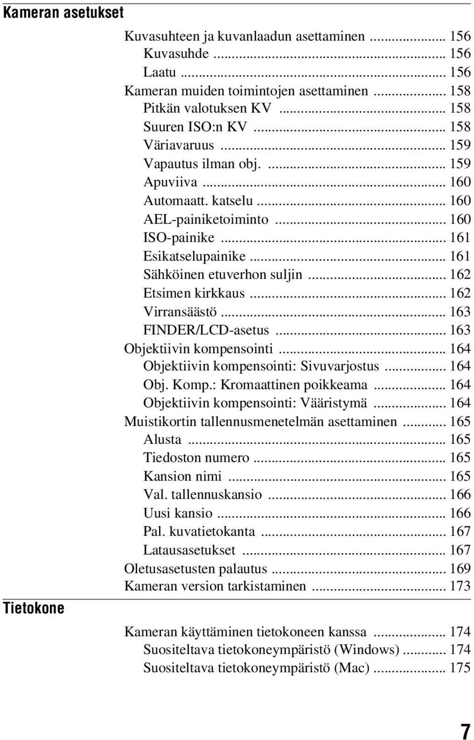 .. 162 Etsimen kirkkaus... 162 Virransäästö... 163 FINDER/LCD-asetus... 163 Objektiivin kompensointi... 164 Objektiivin kompensointi: Sivuvarjostus... 164 Obj. Komp.: Kromaattinen poikkeama.