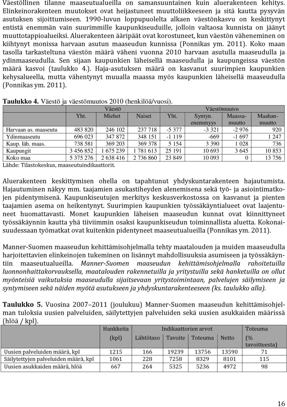 Aluerakenteen ääripäät ovat korostuneet, kun väestön väheneminen on kiihtynyt monissa harvaan asutun maaseudun kunnissa (Ponnikas ym. 2011).