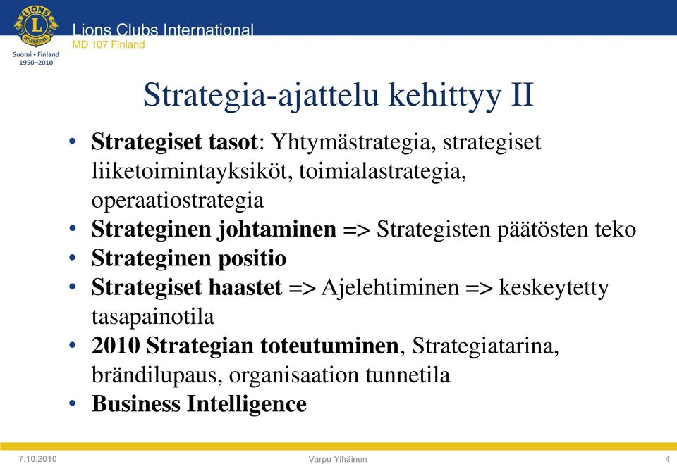 Strateginen positio Strategiset haastet => Ajelehtiminen => keskeytetty tasapainotila 2010 Strategian