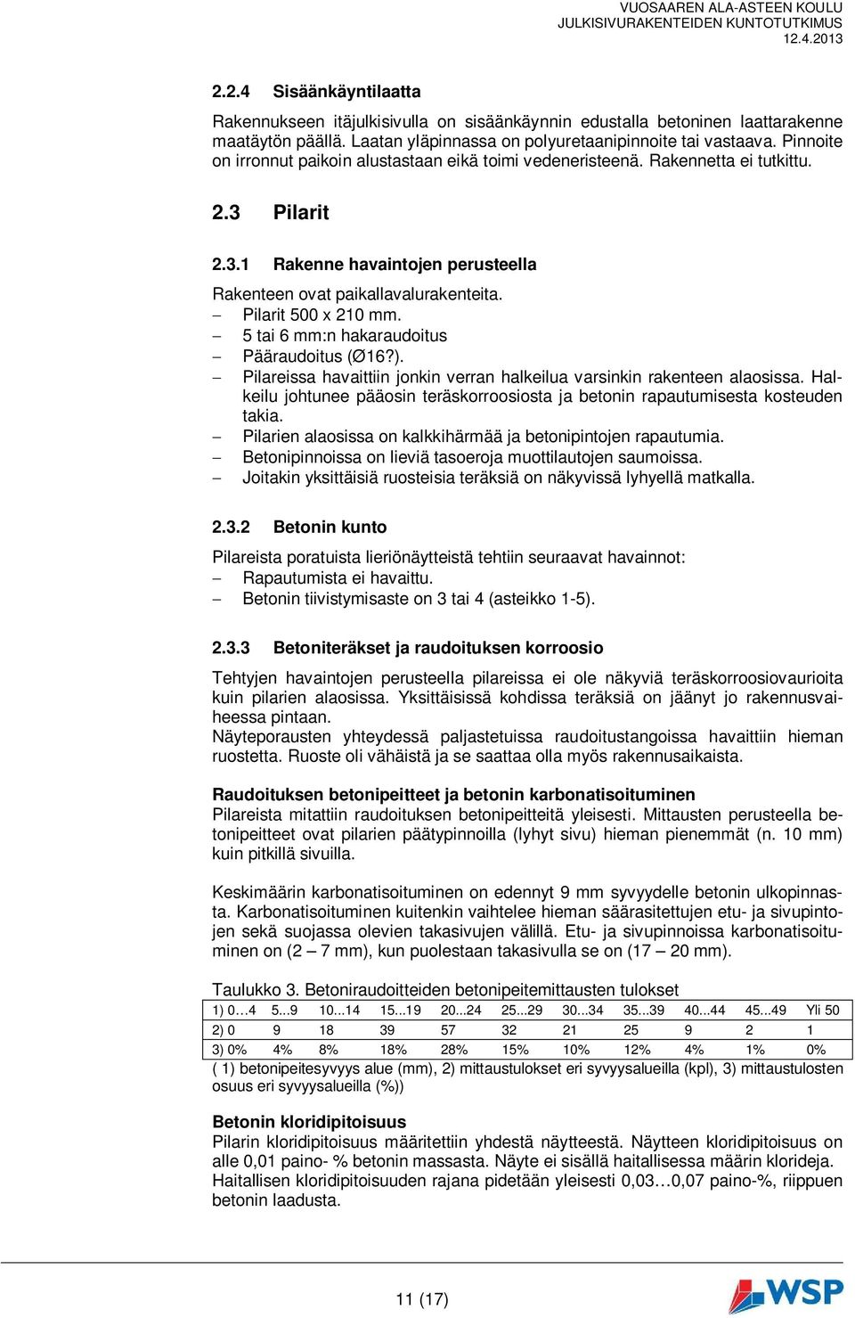 Pilarit 2.3.1 Rakenne havaintojen perusteella Rakenteen ovat paikallavalurakenteita. Pilarit 500 x 210 mm. 5 tai 6 mm:n hakaraudoitus Pääraudoitus (Ø16?).