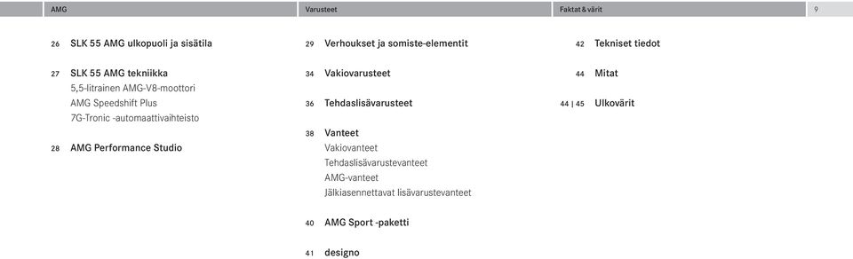 -automaattivaihteisto 28 AMG Performance Studio 34 Vakiovarusteet 36 Tehdaslisävarusteet 38 Vanteet Vakiovanteet