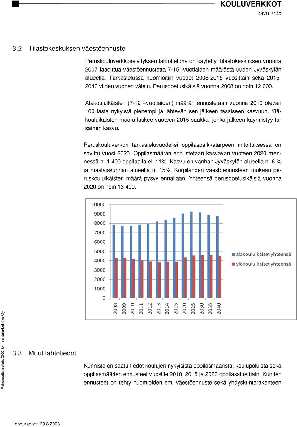 Tarkastelussa huomioitiin vuodet 2008-2015 vuosittain sekä 2015-2040 viiden vuoden välein. Perusopetusikäisiä vuonna 2008 on noin 12 000.