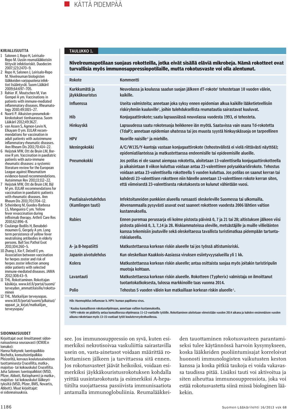 Vaccinations in patients with immune-mediated inflammatory diseases. Rheumatology 200;49:85 27. 4 Nuorti P. Aikuisten pneumokokkirokotukset tienhaarassa. Suom Lääkäril 202;49:3627.