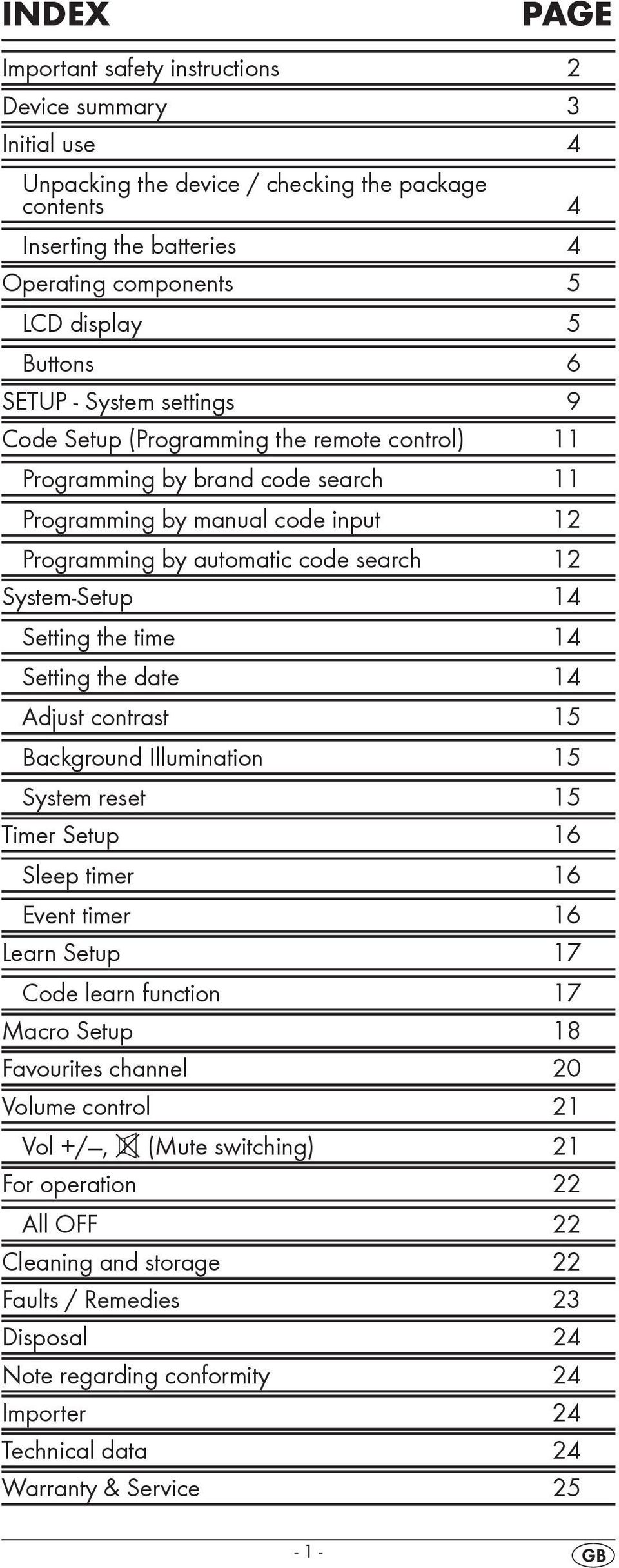 14 Setting the time 14 Setting the date 14 Adjust contrast 15 Background Illumination 15 System reset 15 Timer Setup 16 Sleep timer 16 Event timer 16 Learn Setup 17 Code learn function 17 Macro Setup