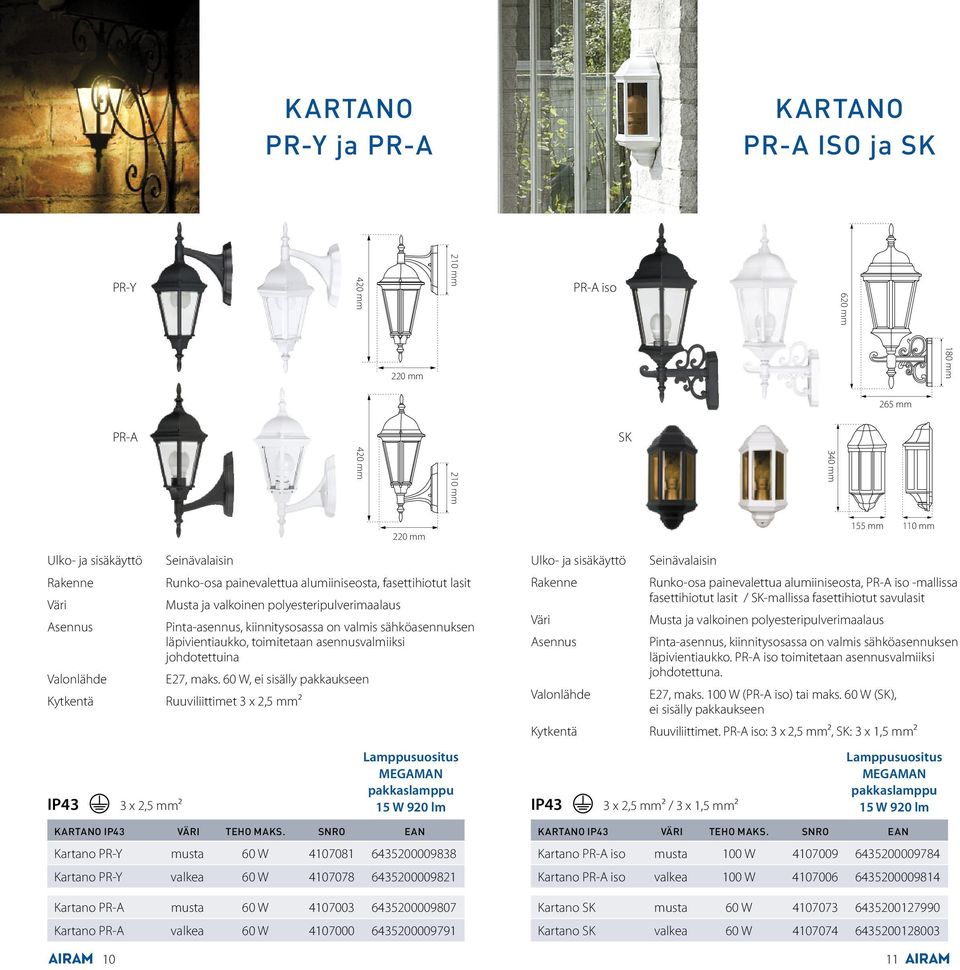 60 W, ei sisälly pakkaukseen Ruuviliittimet 3 x 2,5 mm² KARTANO IP43 VÄRI TEHO MAKS.