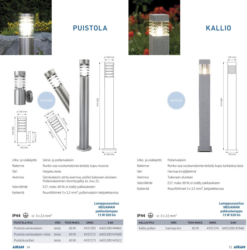 60 W, ei sisälly pakkaukseen Ruuviliittimet 3 x 2,5 mm², pollarivalaisin ketjutettavissa Tukevaan alustaan E27, maks.