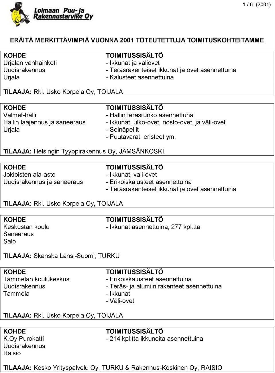 TILAAJA: Helsingin Tyyppirakennus Oy, JÄMSÄNKOSKI Jokioisten ala-aste ja saneeraus - Ikkunat, väli-ovet - Erikoiskalusteet asennettuina - Teräsrakenteiset ikkunat ja ovet asennettuina Keskustan koulu