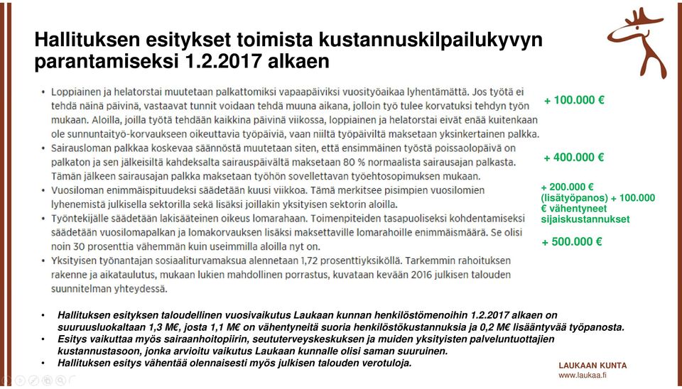 2017 alkaen on suuruusluokaltaan 1,3 M, josta 1,1 M on vähentyneitä suoria henkilöstökustannuksia ja 0,2 M lisääntyvää työpanosta.