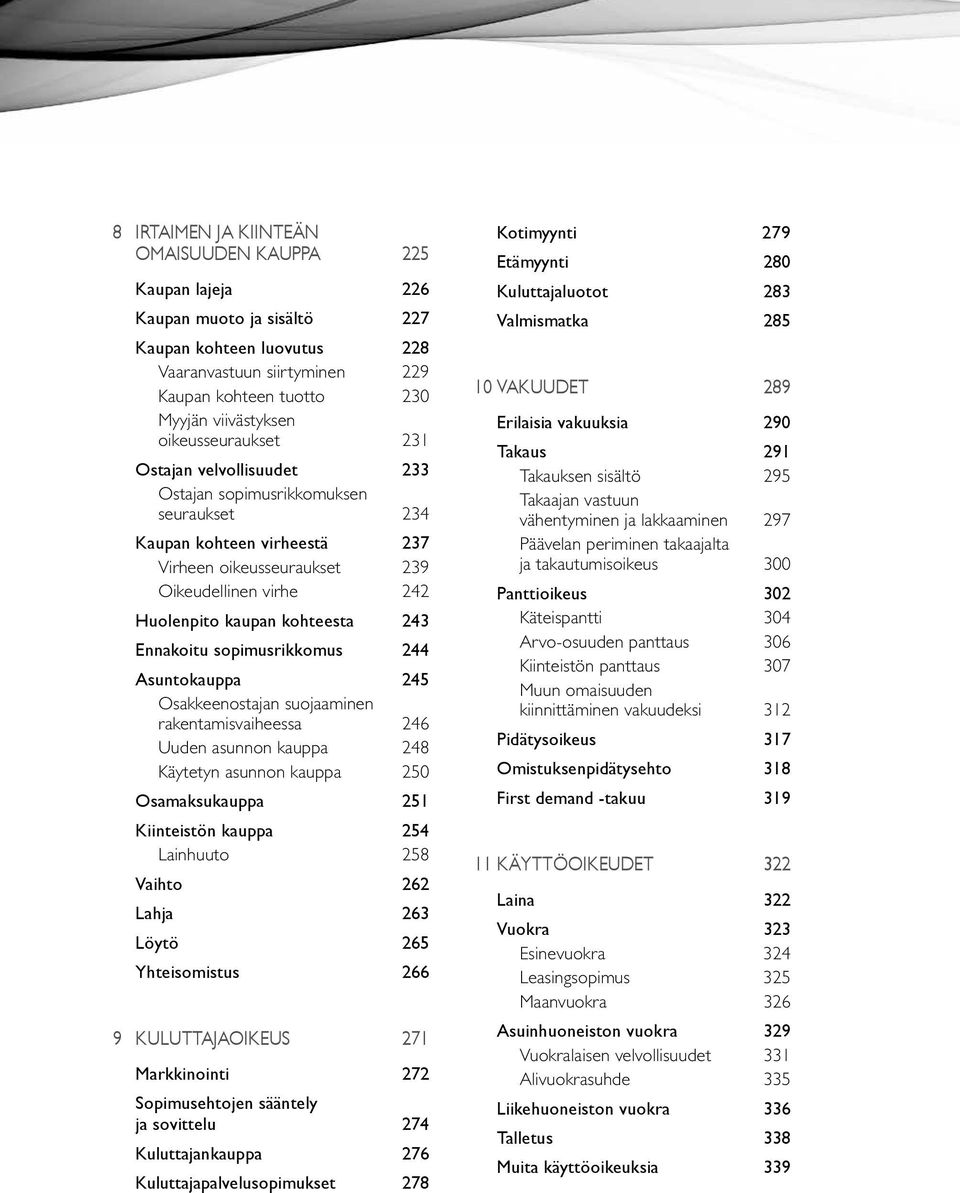 243 Ennakoitu sopimusrikkomus 244 Asuntokauppa 245 Osakkeenostajan suojaaminen rakentamisvaiheessa 246 Uuden asunnon kauppa 248 Käytetyn asunnon kauppa 250 Osamaksukauppa 251 Kiinteistön kauppa 254