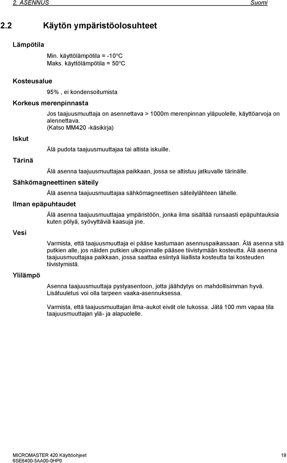 (Katso MM4 käsikirja) Älä pudota taajuusmuuttajaa tai altista iskuille. Älä asenna taajuusmuuttajaa paikkaan, jossa se altistuu jatkuvalle tärinälle.