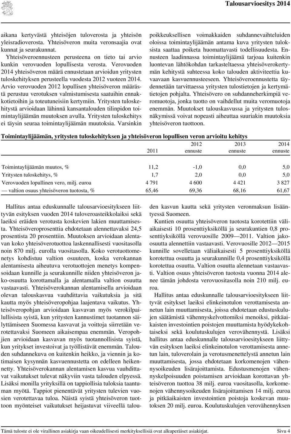 Arvio verovuoden 2012 lopullisen yhteisöveron määrästä perustuu verotuksen valmistumisesta saatuihin ennakkotietoihin ja toteutuneisiin kertymiin.