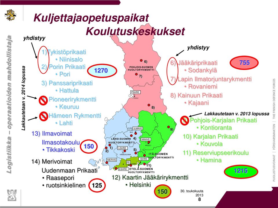 Ilmavoimat Ilmasotakoulu Tikkakoski 150 1270 14) Merivoimat Uudenmaan Prikaati Raasepori ruotsinkielinen 125 JYVÄS- KYLÄN MLK LÄNSI-SUOMEN HUOLTORYKMENTTI 1) 2) MERIVE LSHRE HÄMEENLINNA