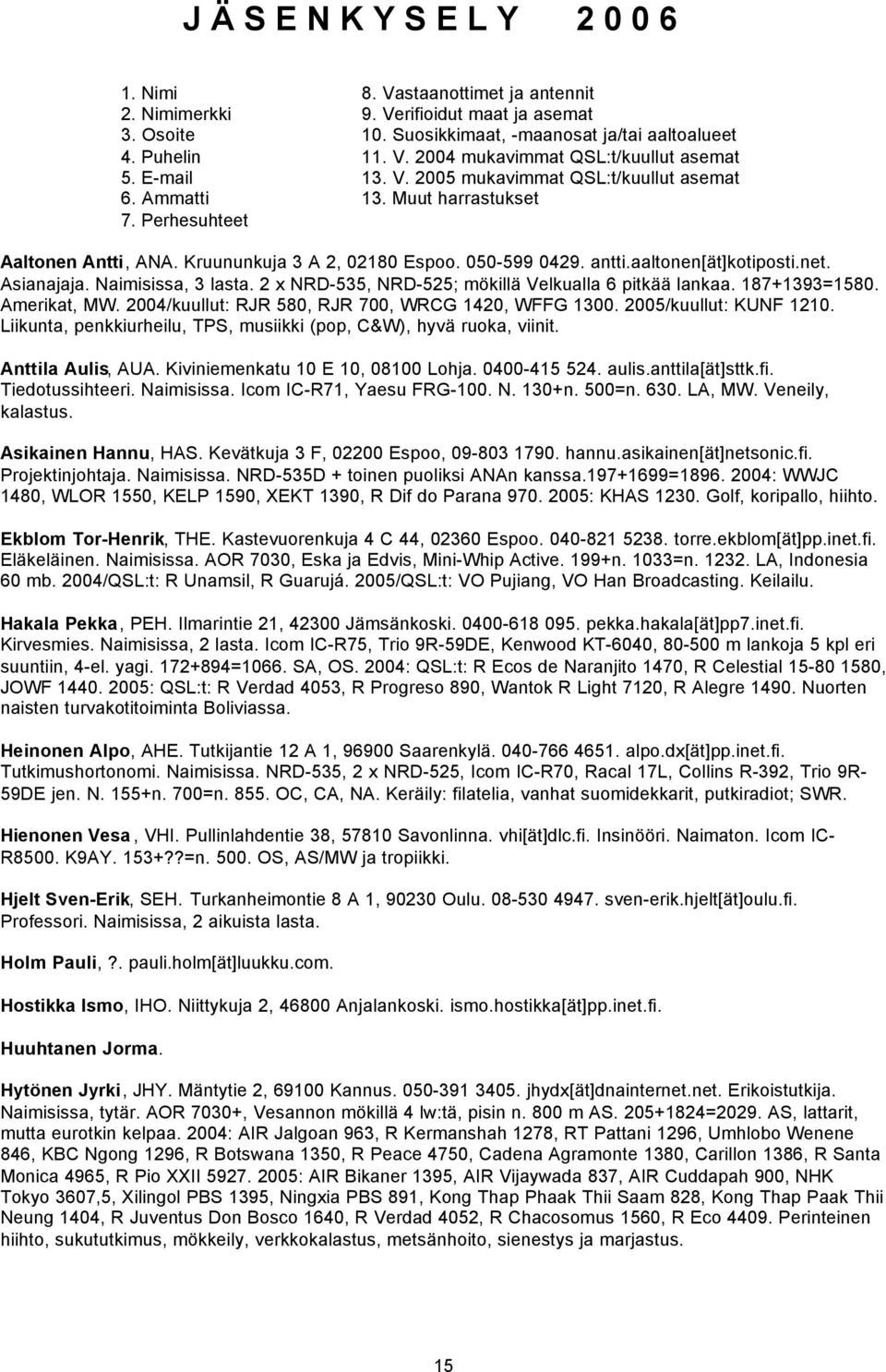 Asianajaja. Naimisissa, 3 lasta. 2 x NRD-535, NRD-525; mökillä Velkualla 6 pitkää lankaa. 187+1393=1580. Amerikat, MW. 2004/kuullut: RJR 580, RJR 700, WRCG 1420, WFFG 1300. 2005/kuullut: KUNF 1210.