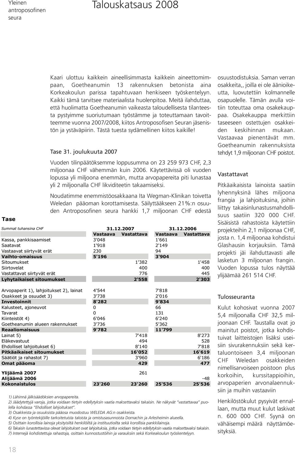 Meitä ilahduttaa, että huolimatta Goetheanumin vaikeasta taloudellisesta tilanteesta pystyimme suoriutumaan työstämme ja toteuttamaan tavoitteemme vuonna 2007/2008, kiitos Antroposofisen Seuran