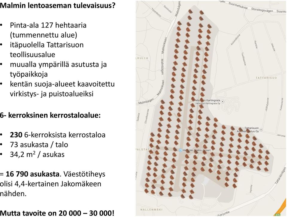 asutusta ja työpaikkoja kentän suoja-alueet kaavoitettu virkistys- ja puistoalueiksi 6- kerroksinen