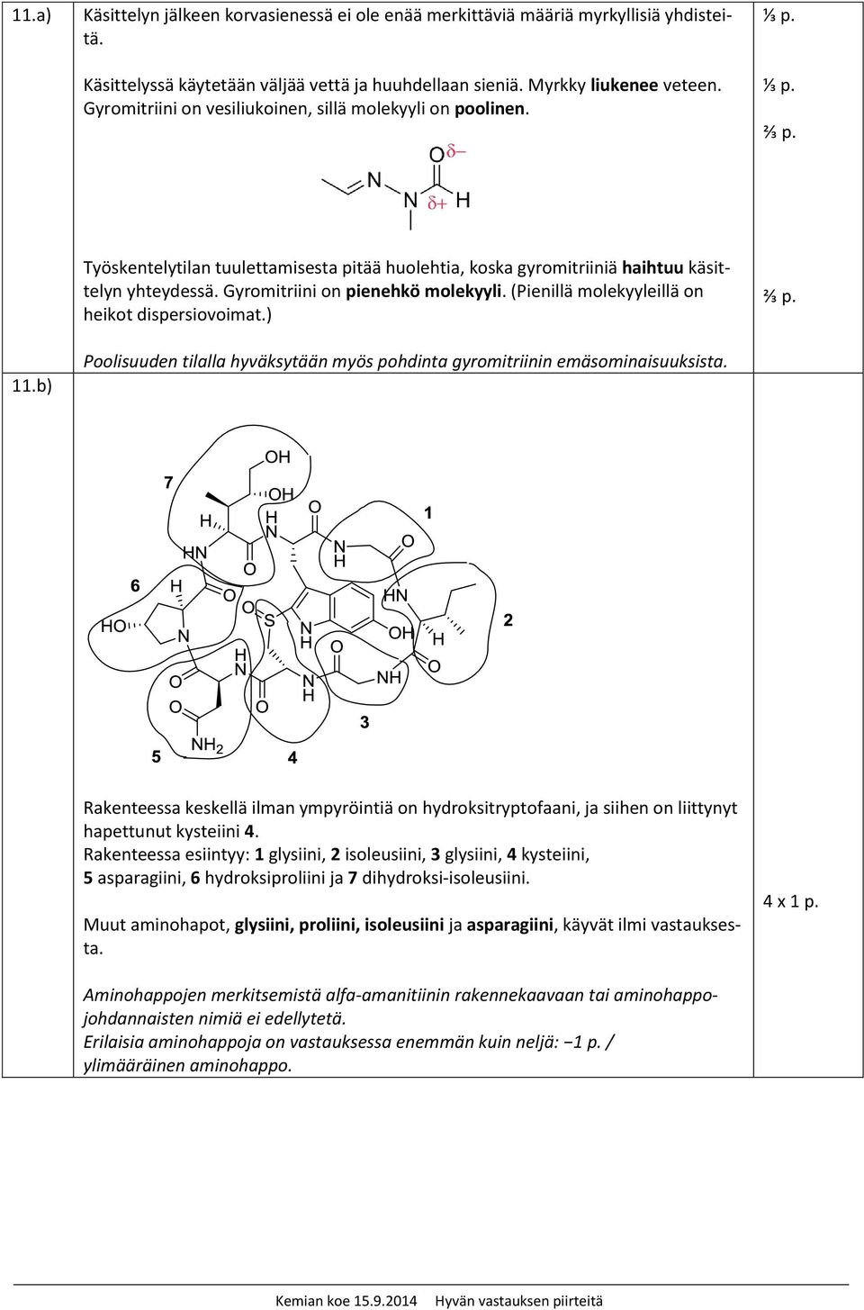 Gyromitriini on pienehkö molekyyli. (Pienillä molekyyleillä on heikot dispersiovoimat.) Poolisuuden tilalla hyväksytään myös pohdinta gyromitriinin emäsominaisuuksista.