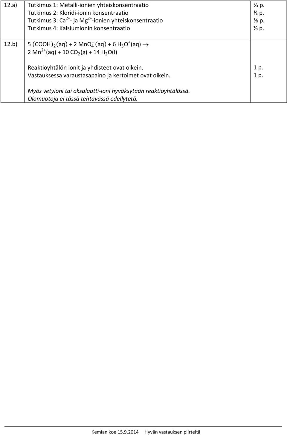 b) 5 ( ) 2 (a ) + 2 M 4 (a ) + 6 3 + (a ) 2 M 2+ (a ) + 10 2(g) + 14 2 (l) Reaktioyhtälön ionit ja yhdisteet ovat