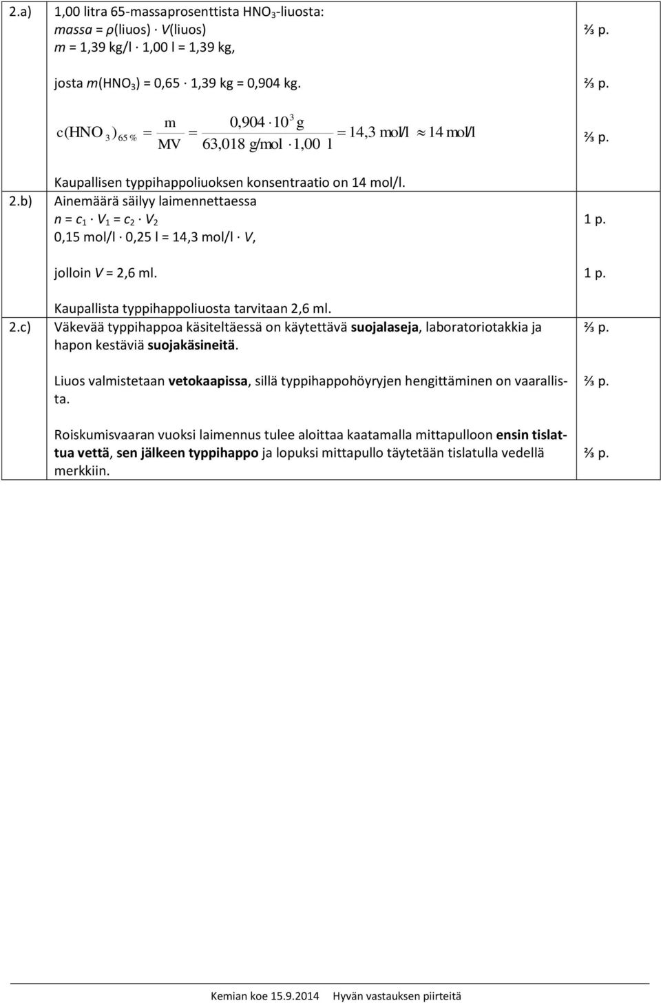 Ainemäärä säilyy laimennettaessa n = c 1 V 1 = c 2 V 2 0,15 mol/l 0,25 l = 14,3 mol/l V, jolloin V = 2,6 ml. Kaupallista typpihappoliuosta tarvitaan 2,6 ml.