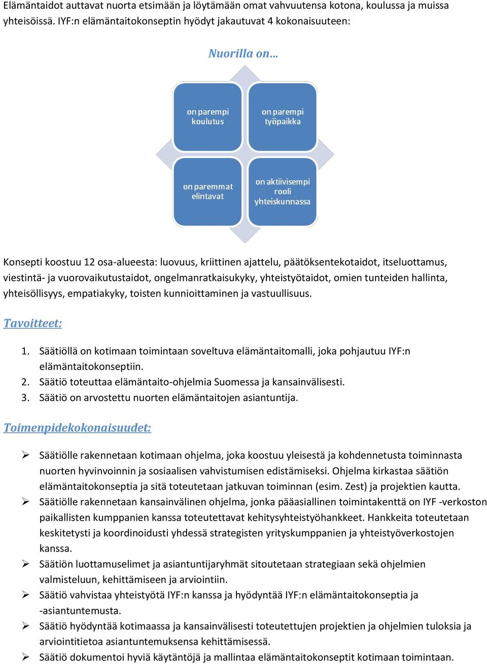 vuorovaikutustaidot, ongelmanratkaisukyky, yhteistyötaidot, omien tunteiden hallinta, yhteisöllisyys, empatiakyky, toisten kunnioittaminen ja vastuullisuus. Tavoitteet: 1.