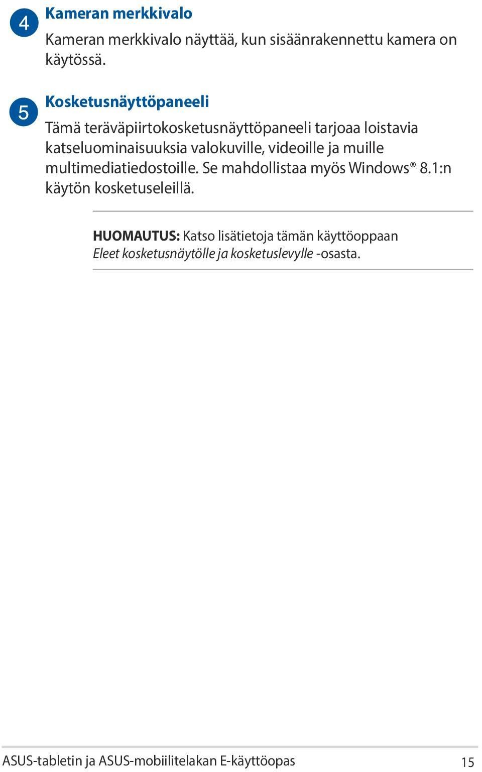 videoille ja muille multimediatiedostoille. Se mahdollistaa myös Windows 8.1:n käytön kosketuseleillä.