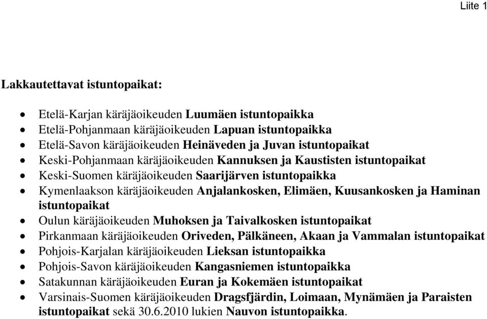 Kuusankosken ja Haminan istuntopaikat Oulun käräjäoikeuden Muhoksen ja Taivalkosken istuntopaikat Pirkanmaan käräjäoikeuden Oriveden, Pälkäneen, Akaan ja Vammalan istuntopaikat Pohjois-Karjalan