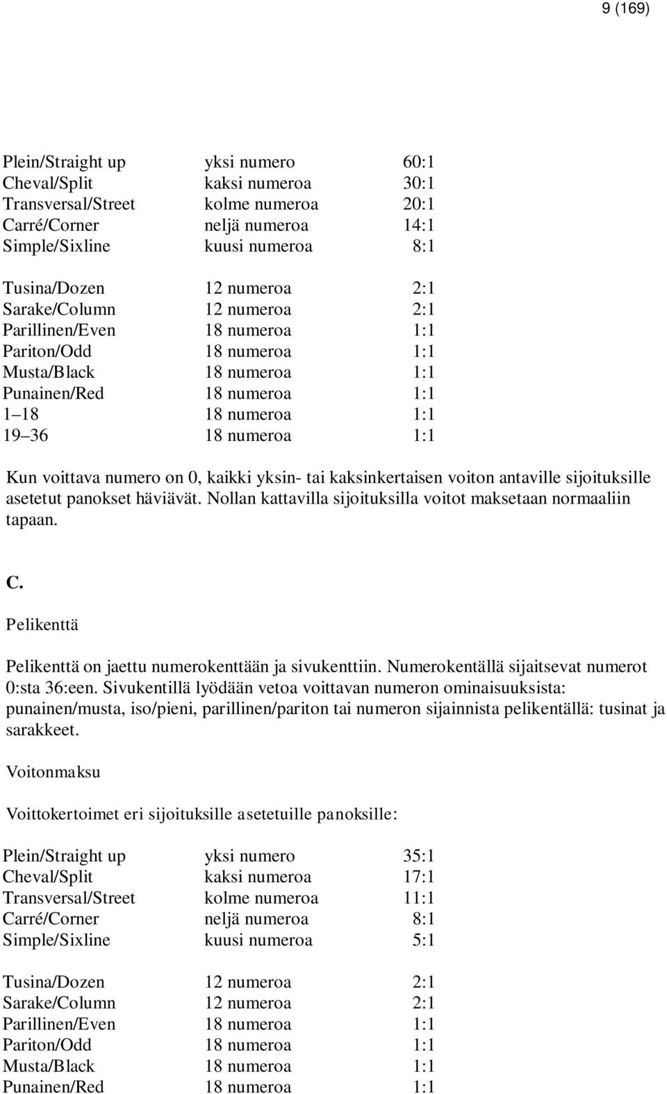 voittava numero on 0, kaikki yksin- tai kaksinkertaisen voiton antaville sijoituksille asetetut panokset häviävät. Nollan kattavilla sijoituksilla voitot maksetaan normaaliin tapaan. C.