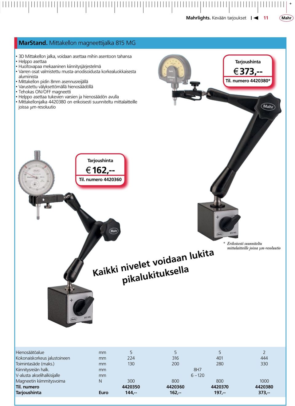 korkealuokkaisesta alumiinista Mittakellon pidin 8mm asennusreijällä Varustettu välyksettömällä hienosäädöllä Tehokas ON/OFF magneetti Helppo asettaa tukevien varsien ja hienosäädön avulla
