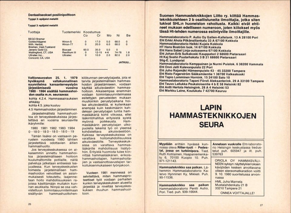 1979 hyväksymä vaitakunnaiiinen suunnitelma kansanterveystyön järjestämisestä vuosina 1980-1984 sisältää hammashoidon osalta m.m. seuraavaa: kohta 4.2.4. Hammassairauksien ehkäisy kohta 4.5.