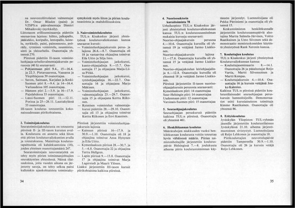 suunnistus, uinti ja yleisurheilu. Osanottajia yhteensä 270. Piireissä pidettiin II-tason voimisteluohjaaja-urheiluvalmentajakurssin perusosia (40 h) seuraavasti: - Pohjanmaan piiri 9.4., 15-16.4. ja 22.