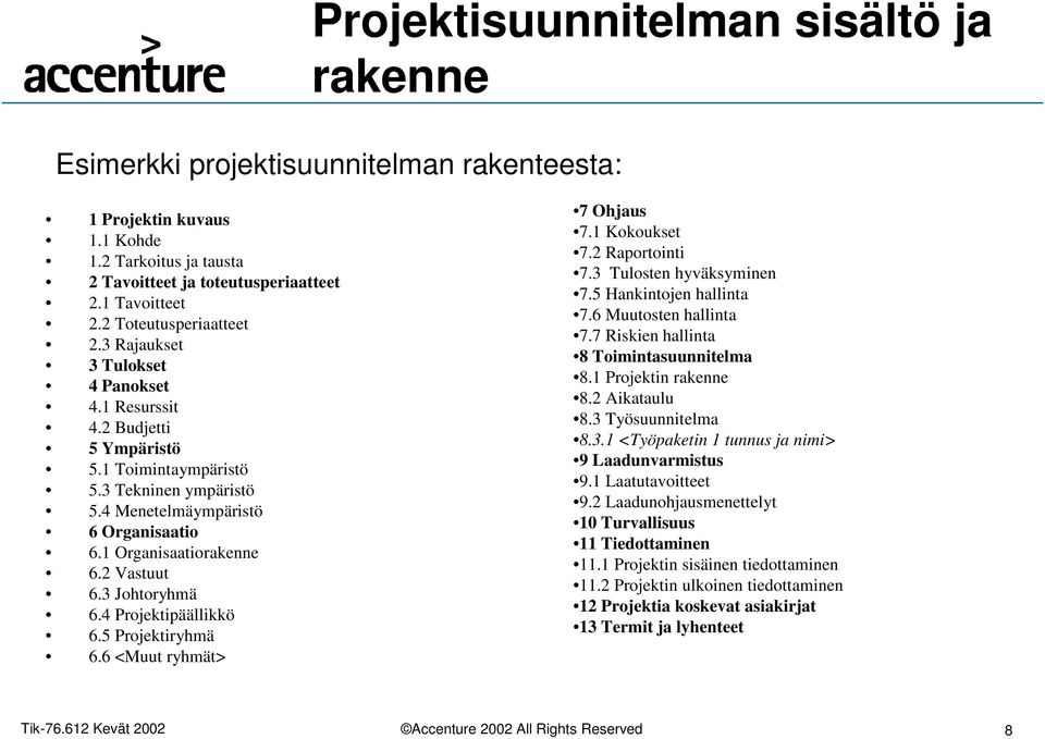 1 Organisaatiorakenne 6.2 Vastuut 6.3 Johtoryhmä 6.4 Projektipäällikkö 6.5 Projektiryhmä 6.6 <Muut ryhmät> 7 Ohjaus 7.1 Kokoukset 7.2 Raportointi 7.3 Tulosten hyväksyminen 7.5 Hankintojen hallinta 7.