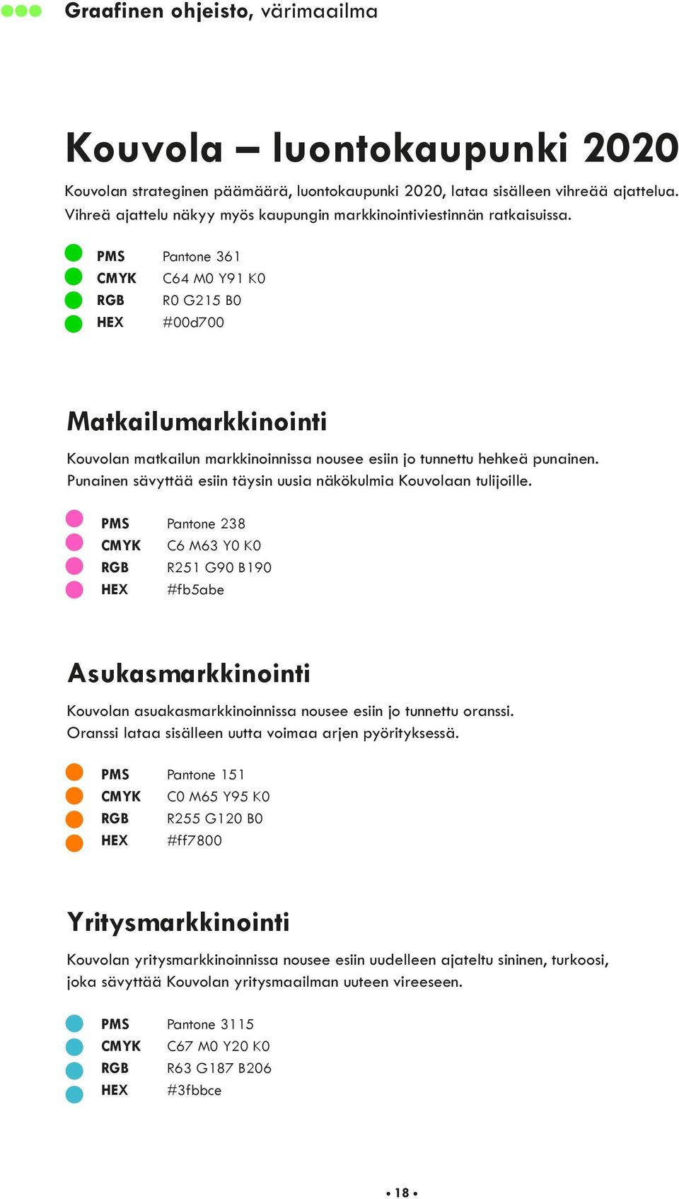 PMS Pantone 361 CMYK C64 M0 Y91 K0 RGB R0 G215 B0 HEX #00d700 Matkailumarkkinointi Kouvolan matkailun markkinoinnissa nousee esiin jo tunnettu hehkeä punainen.