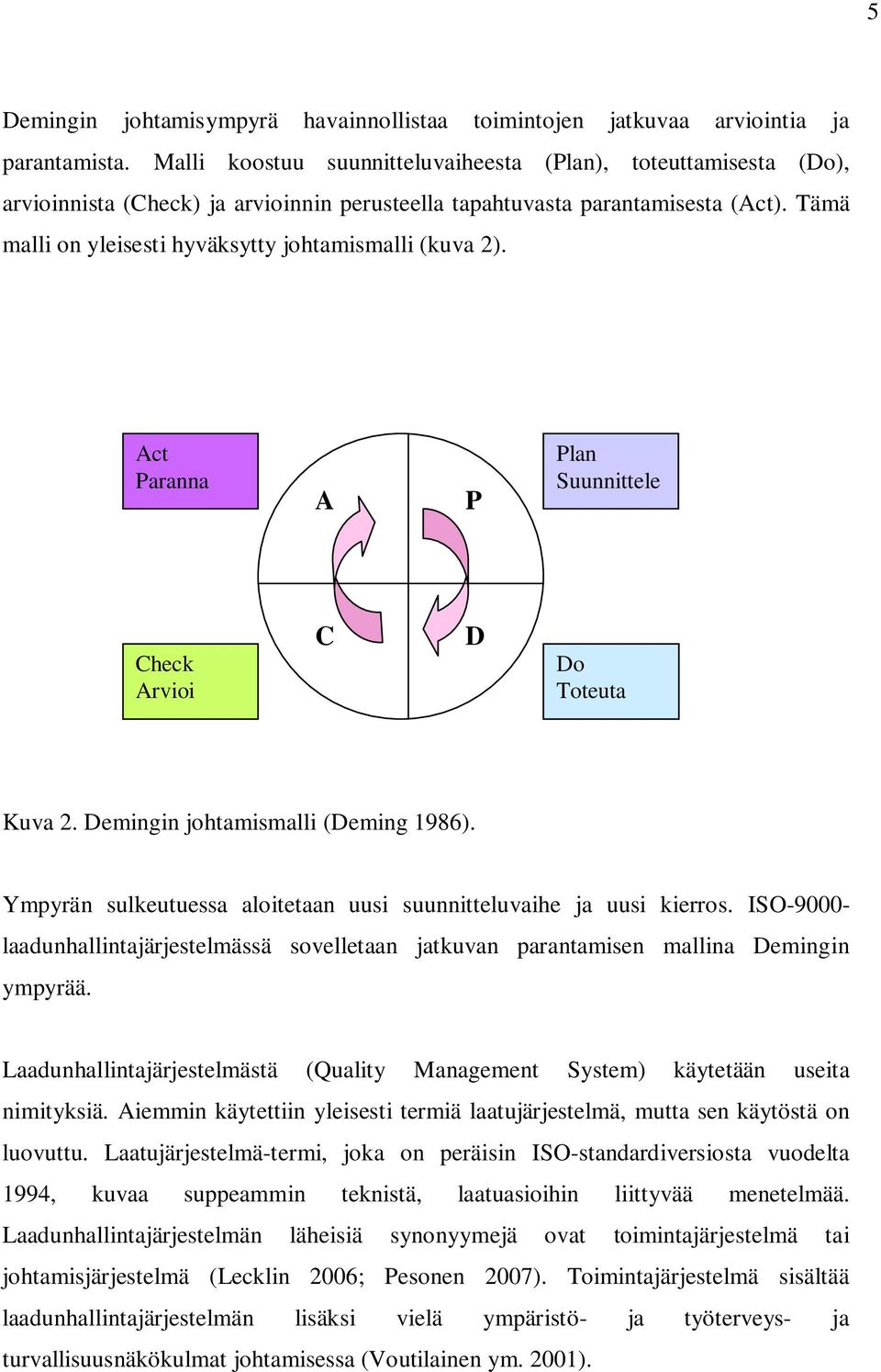 Tämä malli on yleisesti hyväksytty johtamismalli (kuva 2). Act Paranna A P Plan Suunnittele Check Arvioi C D Do Toteuta Kuva 2. Demingin johtamismalli (Deming 1986).